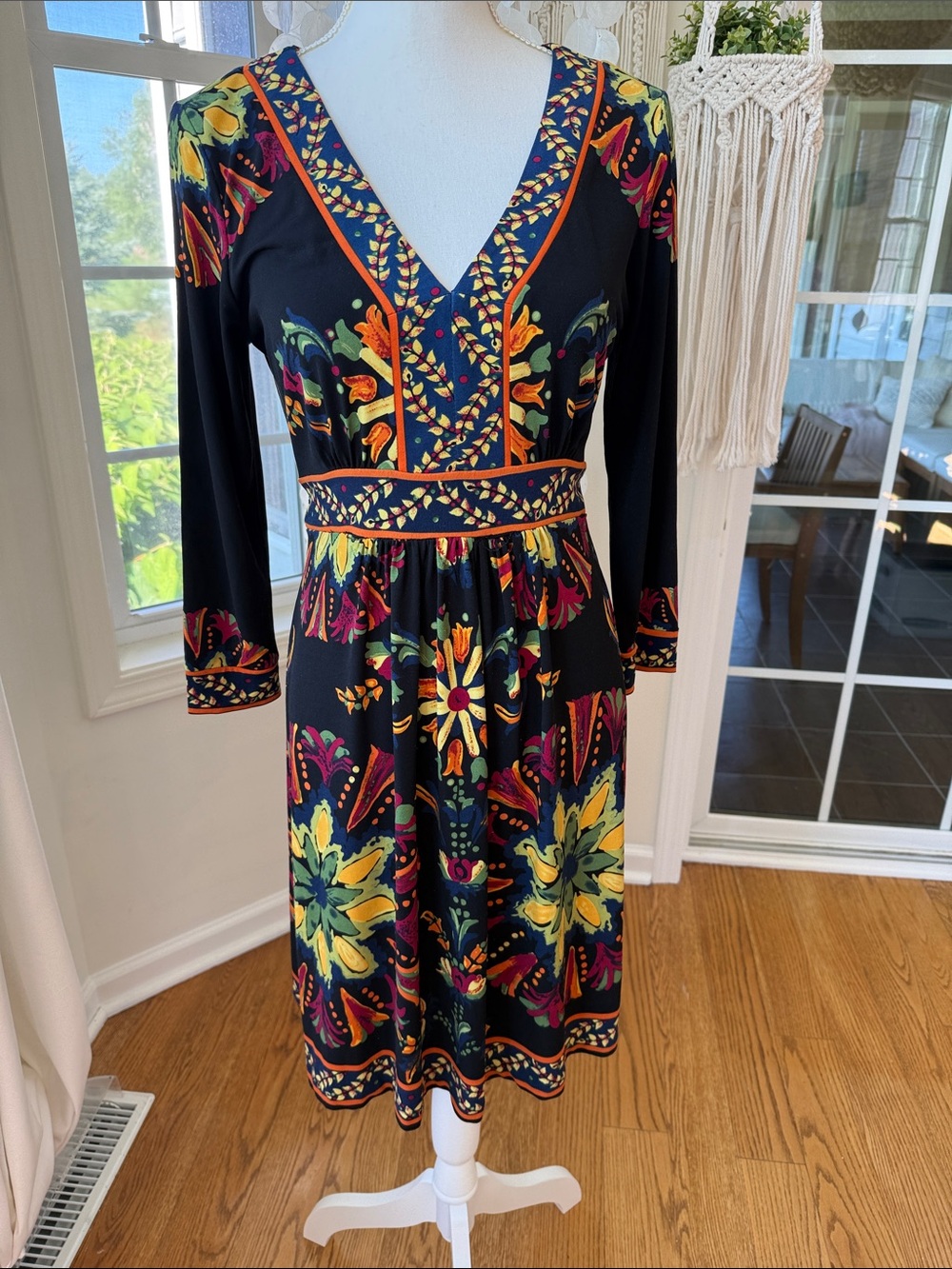 Eci V-Neck Black Floral A-Line Dress with Long Sleeves medium size 6